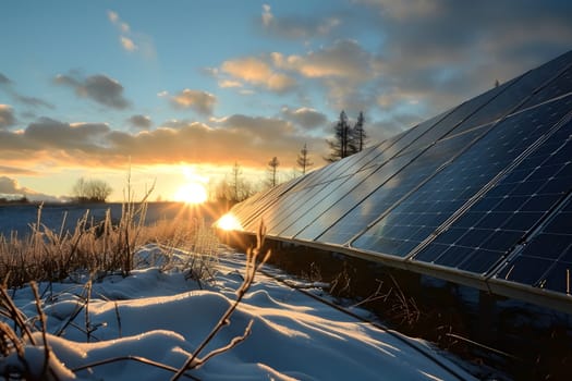 Photovoltaic solar panels in the field at winter sunset or sunrise. Neural network generated in January 2024. Not based on any actual scene or pattern.