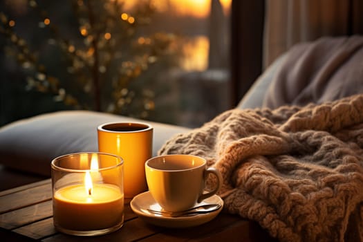 season, leisure and objects concept - cup with mesh tea infuser ball, candle on window sill at home. High quality photo