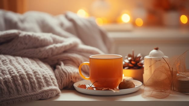 season, leisure and objects concept - cup with mesh tea infuser ball, candle on window sill at home. High quality photo