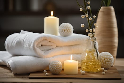 Beautiful composition of spa treatment on white wooden table . High quality photo