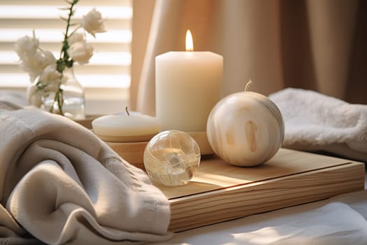 Beautiful composition of spa treatment on white wooden table . High quality photo