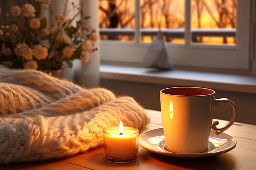 season, leisure and objects concept - cup with mesh tea infuser ball, candle on window sill at home. High quality photo