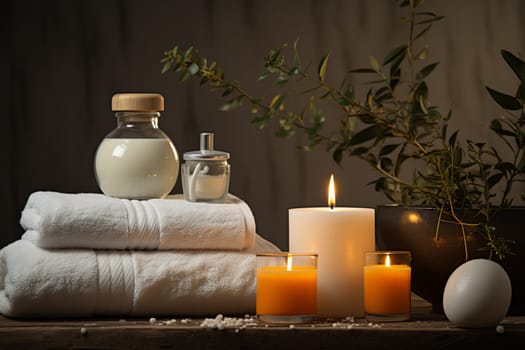 Beautiful Composition of spa treatment on wooden background. Concept spa background for your advertising text and promotion. orchid, white towel, candles, close up. High quality photo