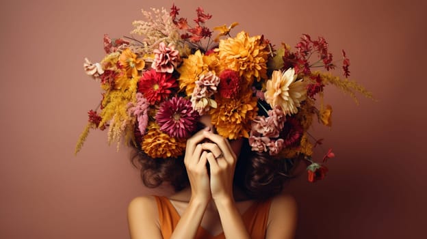 Beautiful Bunch of Peony Style Tulips in womans hands covering her face, spring holiday concept, copy space, faceless. High quality photo