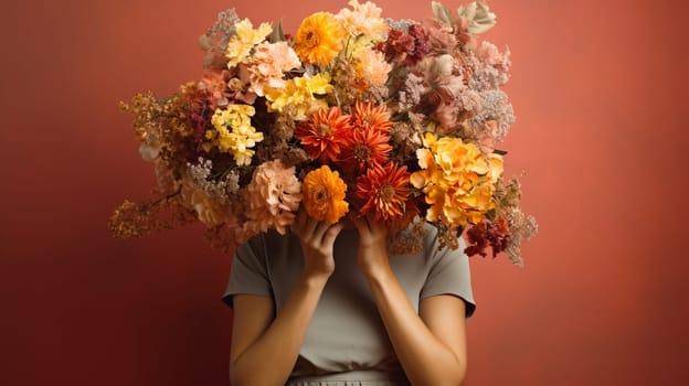 Beautiful Bunch of Peony Style Tulips in womans hands covering her face, spring holiday concept, copy space, faceless. High quality photo