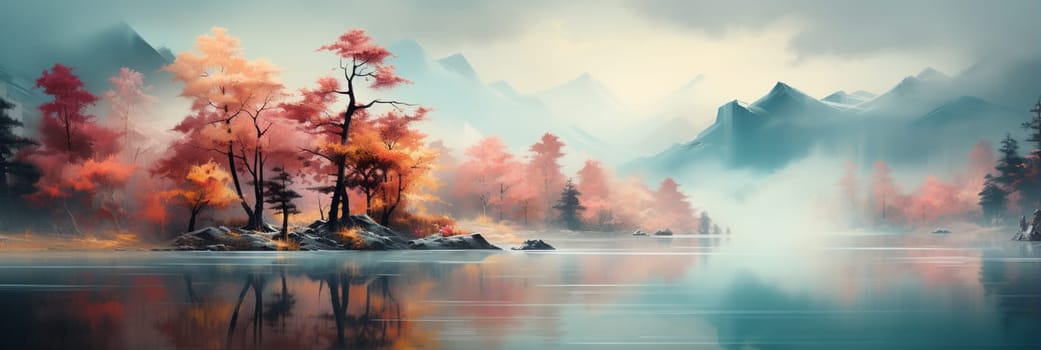 Digital art of a lake with an island and forests in the background. High quality photo