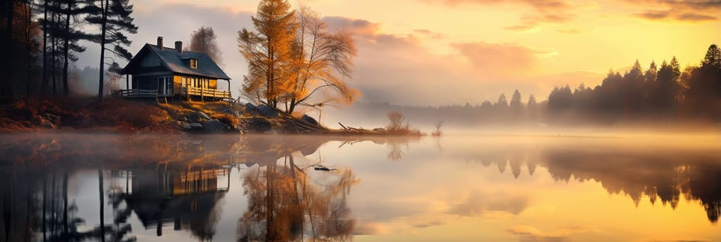 Digital art of a lake with an island and forests in the background. High quality photo