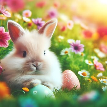 Happy Easter. Easter bunny with a basket of eggs. Happy Easter Bunny on a card on their hind legs with flowers at sunset. Cute hare. High quality photo