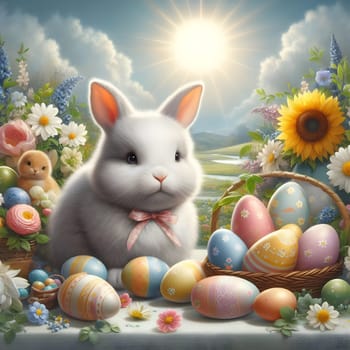 Happy Easter. Easter bunny with a basket of eggs. Happy Easter Bunny on a card on their hind legs with flowers at sunset. Cute hare. High quality photo