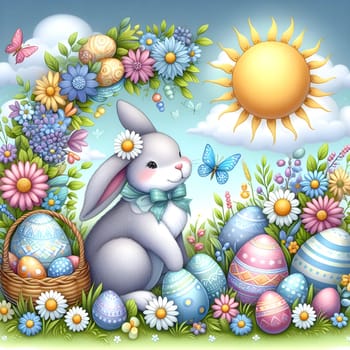 Happy Easter. Easter bunny with a basket of eggs. Happy Easter Bunny on a card on their hind legs with flowers at sunset. Cute hare. High quality photo