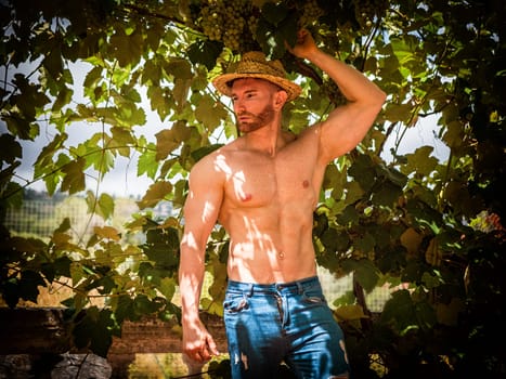 A shirtless man wearing a straw hat stands under a tree, with the bright sunlight filtering through the leaves. He looks relaxed and comfortable in the natural setting.