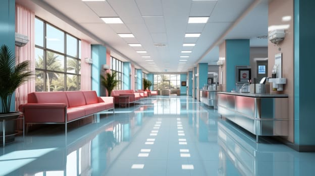 Empty modern hospital corridor, clinic hallway interior background with chairs for patients waiting for doctor visit. Contemporary waiting room in medical office. Healthcare services concept.