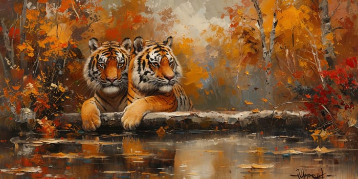 Painting of a tiger with oil technique. Wall art