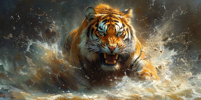 Painting of a tiger with oil technique. Wall art