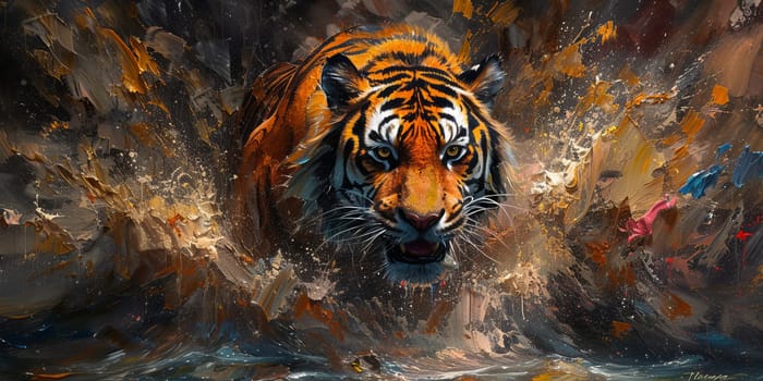 Painting of a tiger with oil technique. Wall art