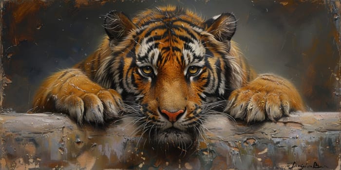 Painting of a tiger with oil technique. Wall art