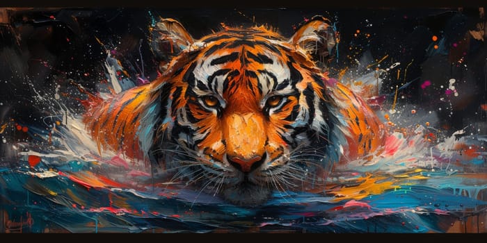 Painting of a tiger with oil technique. Wall art