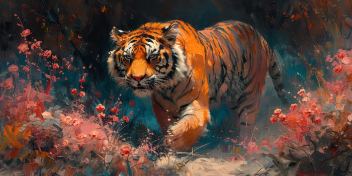 Painting of a tiger with oil technique. Wall art