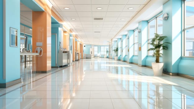 Empty modern hospital corridor, clinic hallway interior background with chairs for patients waiting for doctor visit. Contemporary waiting room in medical office. Healthcare services concept.