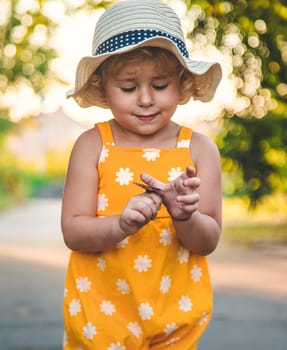 A child catches a butterfly in nature. selective focus. kid.