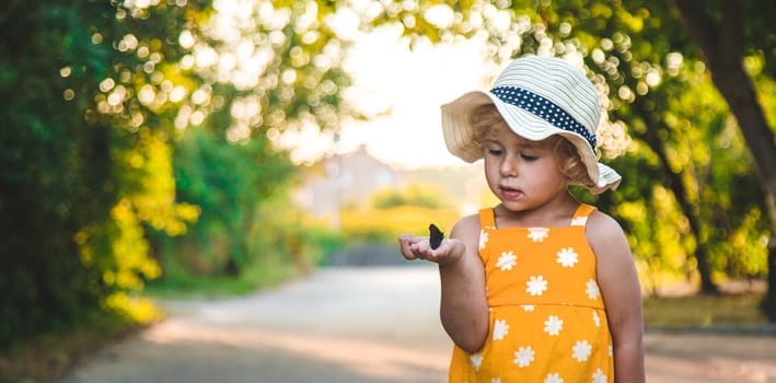 A child catches a butterfly in nature. selective focus. kid.