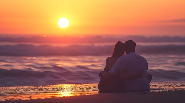 Couple in love watching the sunset on a beach. Neural network generated image. Not based on any actual person or scene.