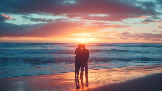 Couple in love watching the sunset on a beach. Neural network generated image. Not based on any actual person or scene.