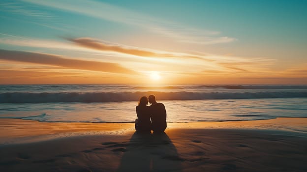 Couple in love watching the sunset on a beach. Neural network generated image. Not based on any actual person or scene.