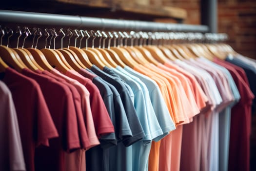 A variety of colored t-shirts neatly displayed on wooden hangers in a retail clothing store.