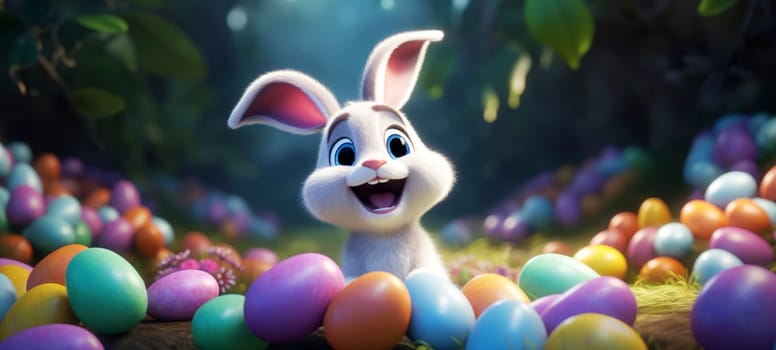 Cheerful animated rabbit with a joyful expression sitting among a collection of colorful Easter eggs in a forest.