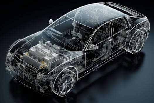 A high-resolution image displaying a transparent car model revealing intricate internal components and engineering details.
