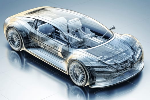 Transparent car design showcasing internal mechanics and structure on a reflective surface. Technical illustration concept for automotive design and engineering education. Design for poster, educational materials, automotive industry
