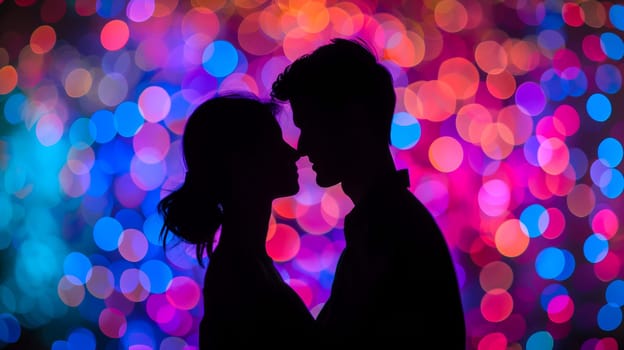 Silhouette of a couple with a colorful bokeh background. Neural network generated image. Not based on any actual person or scene.