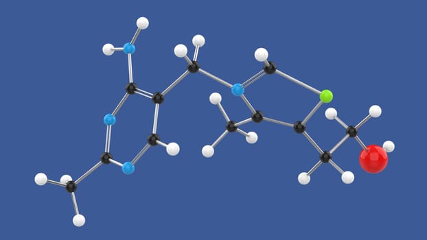 Vitamin B1 Thiamine or aneurine 3D molecule structure, on blue background, 3D rendering illustration