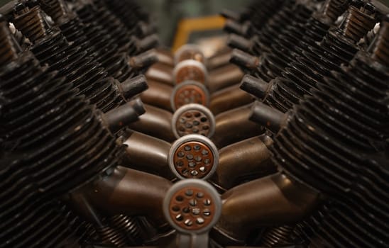 Old propeller airplane engine closeup details in perfect symmetry, vintage technology