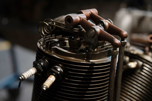 Old plane motor component, close up of vintage airplane engine with details