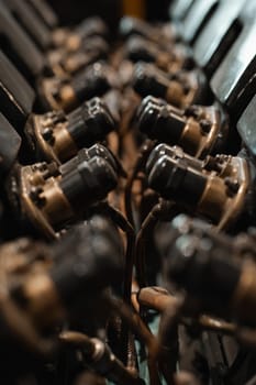 Old symmetrical airplane engine part, propeller aviation assembly, selective focus