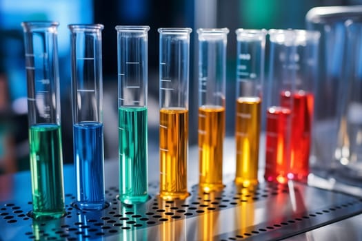 Still life in laboratory. Test tubes with colorful chemicals