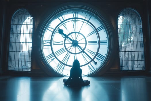 A woman sits in front of a giant clock and meditates. Time concept