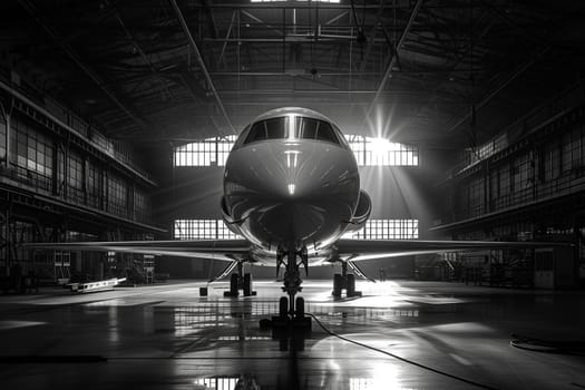 Airplane construction in a hangar. Black and white image.