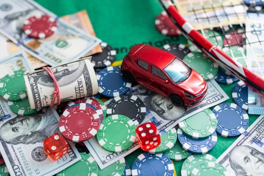 smartphone with betting on sports, casino, toy car. High quality photo
