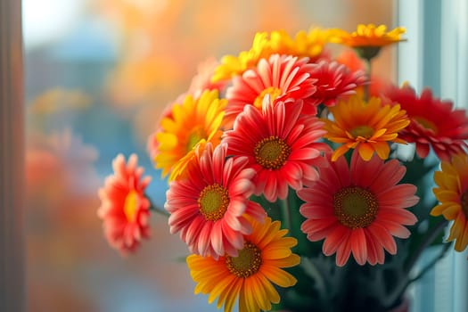 Bouquet of beautiful gerberas in a container. The concept of spring, summer, beauty in nature. AI generated.