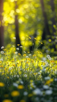 A vibrant field filled with colorful wildflowers and daisies illuminated by the warm rays of sunlight.