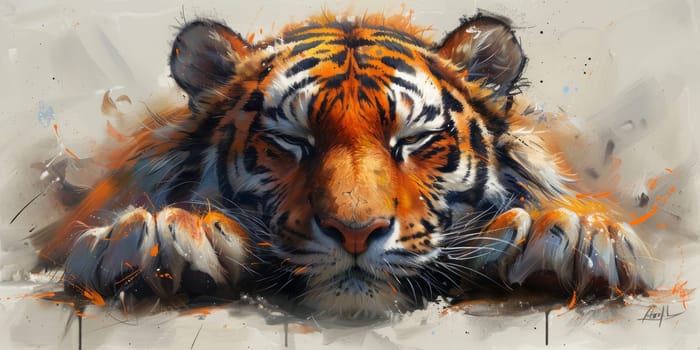 Painting of a tiger with oil technique. Wall art