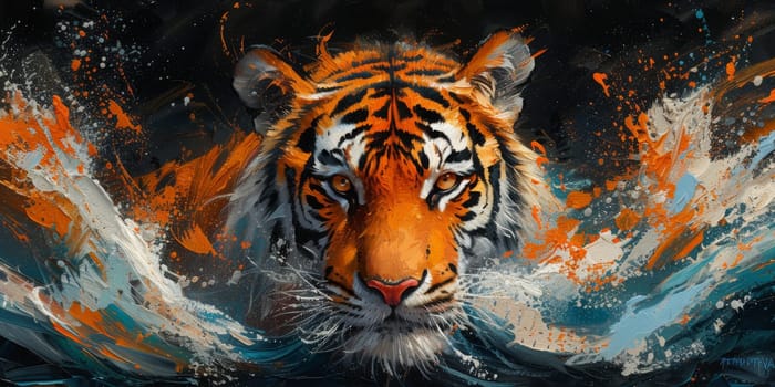 Painting of a tiger with oil technique. Wall art