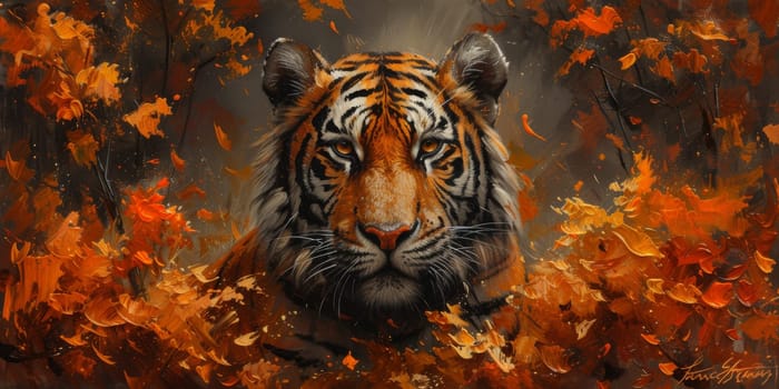 Painting of a tiger with oil technique. Wall art