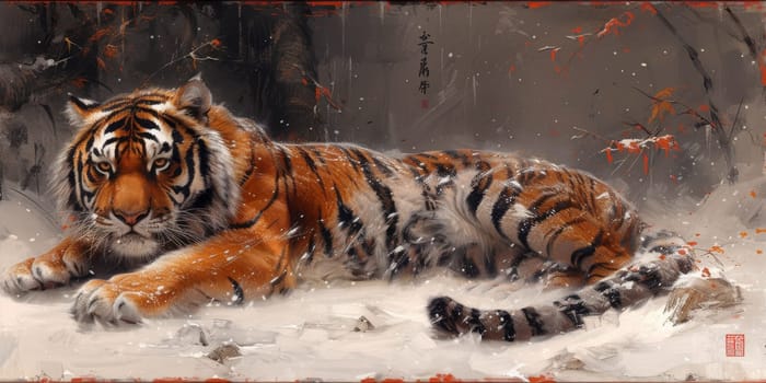 Painting of a tiger with oil technique. Wall art