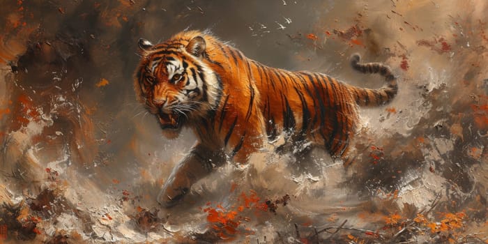 Painting of a tiger with oil technique. Wall art