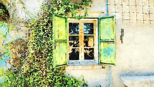 The window of an old house with iron shutters during a sunny day.