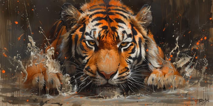 Painting of a tiger with oil technique. Wall art